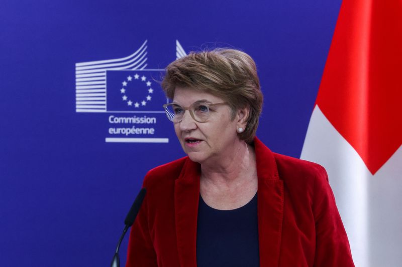 &copy; Reuters. Swiss Confederation President Viola Amherd looks on as she meets with European Commission President Ursula von der Leyen in Brussels, Belgium March 18, 2024. REUTERS/Yves Herman/File Photo