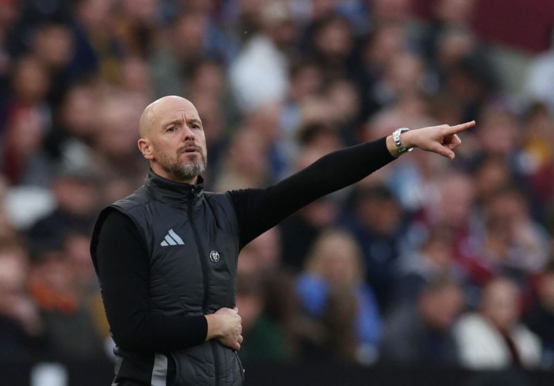 &copy; Reuters. Erik ten Hag em jogo do Manchester contra West Ham Unitedn 27/10/2024  Action Images via Reuters/Paul Childs