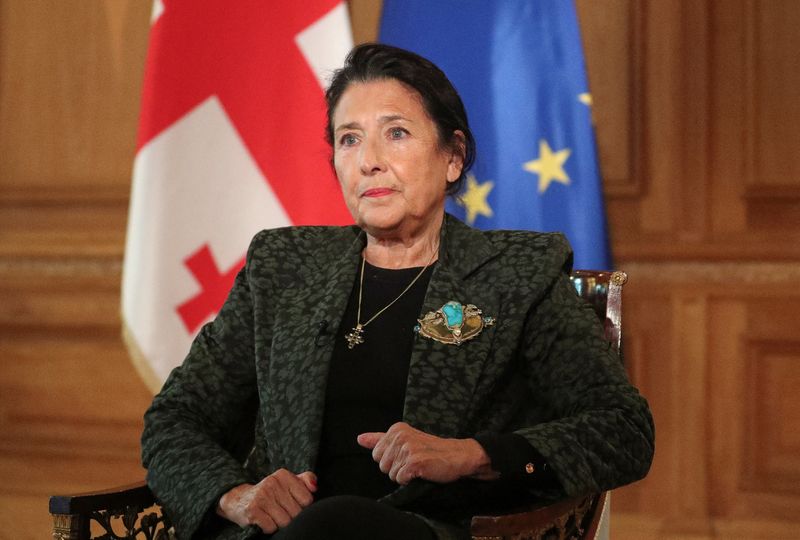 © Reuters. Georgia's President Salome Zourabichvili speaks during an interview with Reuters following the recent parliamentary election in Tbilisi, Georgia October 28, 2024. REUTERS/Irakli Gedenidze