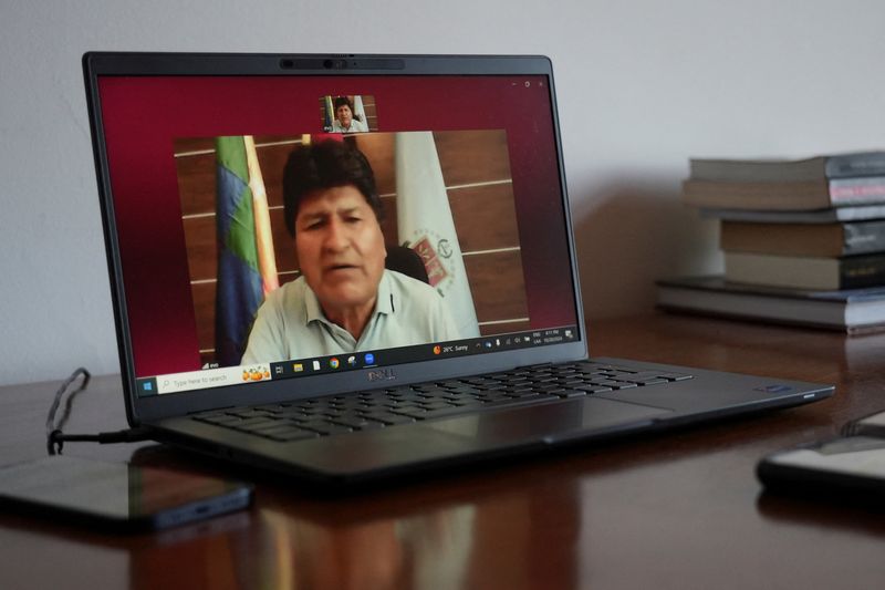 &copy; Reuters. Bolivia's former President Evo Morales speaks to Reuters via video link from Lauca Ene, a town in central Bolivia, in Montevideo, Uruguay October 28, 2024. REUTERS/Mariana Greif