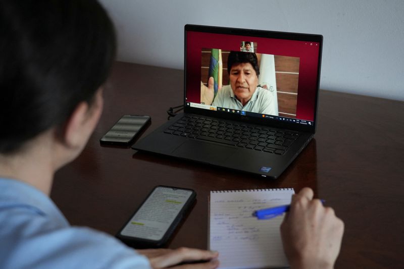 © Reuters. Bolivia's former President Evo Morales speaks to Reuters via video link from Lauca Ene, a town in central Bolivia, in Montevideo, Uruguay October 28, 2024. REUTERS/Mariana Greif