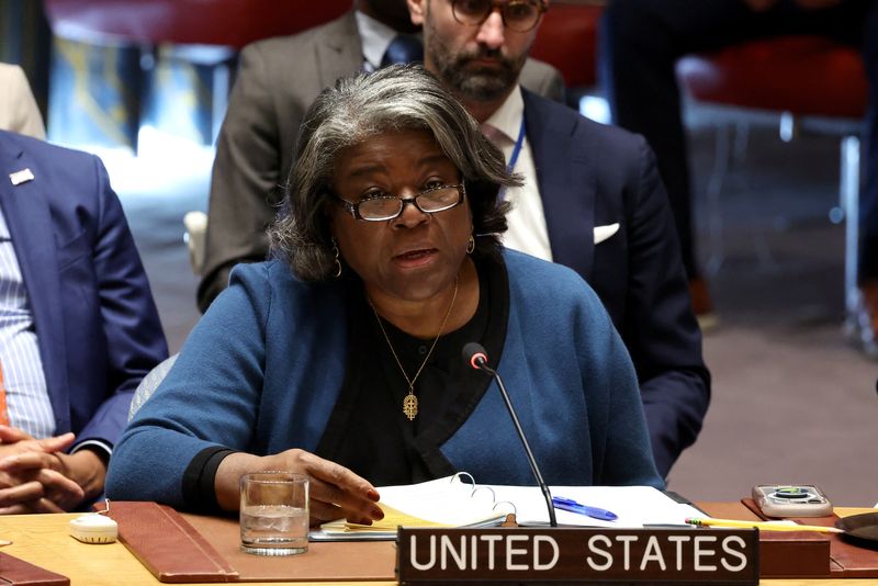 &copy; Reuters. U.S. Ambassador to the United Nations Linda Thomas-Greenfield, speaks during a United Nations Security Council meeting on the situation in Gaza, at U.N. headquarters in New York City, U.S., October 16, 2024.  REUTERS/Brendan McDermid/File Photo