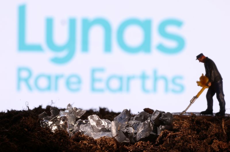 © Reuters. A small toy figure and mineral imitation are seen in front of the Lynas Rare Earths logo in this illustration taken November 19, 2021. REUTERS/Dado Ruvic/Illustration/File Photo