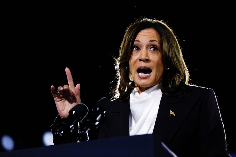 © Reuters. Democratic presidential nominee U.S. Vice President Kamala Harris delivers a speech on the National Mall, one week before the Nov. 5 U.S. presidential election, in Washington, U.S., October 29, 2024. REUTERS/Evelyn Hockstein