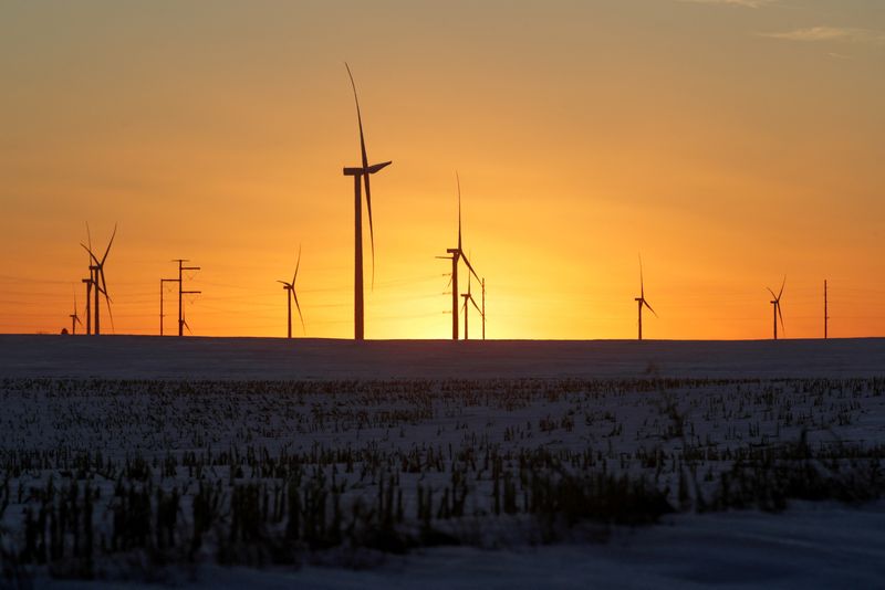 &copy; Reuters. FILE PHOTO: A wind farm shares space with corn fields the day before the Iowa caucuses, where agriculture and clean energy are key issues, in Latimer, Iowa, U.S. February 2, 2020. REUTERS/Jonathan Ernst/File Photo