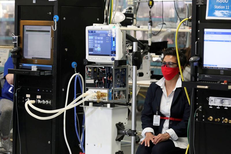 &copy; Reuters. FILE PHOTO: An employee wearing a face mask sits next to a GE Carescape R860 ventilator in an assembly and testing area at a GE Healthcare manufacturing facility during the global coronavirus disease (COVID-19) outbreak in Madison, Wisconsin, U.S. April 2