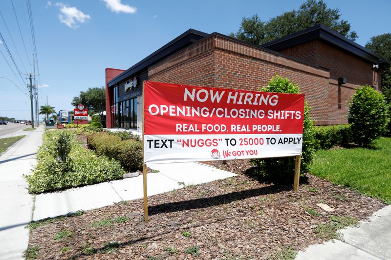 &copy; Reuters. A Wendy's restaurant displays a "Now Hiring" sign in Tampa, Florida, U.S., June 1, 2021.  REUTERS/Octavio Jones/File Photo