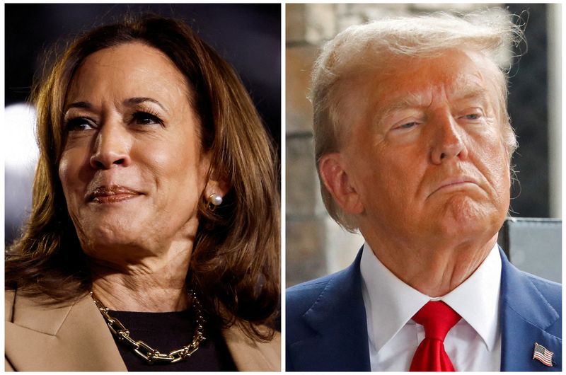 &copy; Reuters. FILE PHOTO: Democratic presidential nominee and U.S. Vice President Kamala Harris and Republican presidential nominee and former U.S. President Donald Trump are seen in a combination of file photographs taken in Chandler, Arizona, U.S., October 10, 2024 a