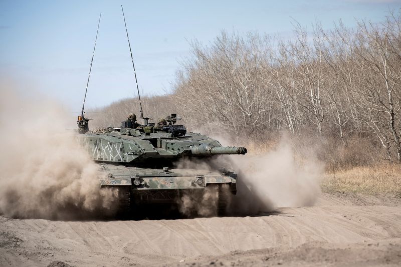 &copy; Reuters. FILE PHOTO: A Leopard tank from Lord Strathcona's Horse (Royal Canadians) is taken out after undergoing maintenance in preparation for Exercise MAPLE RESOLVE at 3rd Canadian Division Support Base Detachment Wainwright, Alberta, Canada, April 30, 2021. Cpl