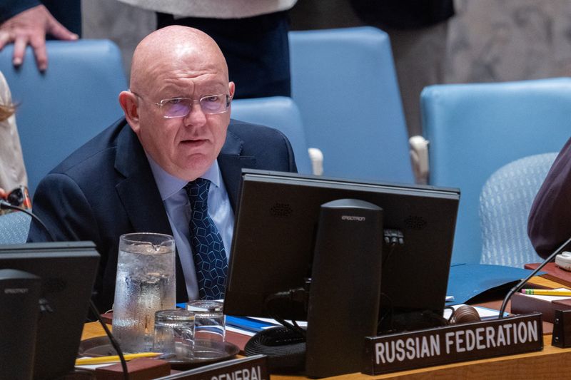 &copy; Reuters. FILE PHOTO: Vassily Nebenzia, Permanent Representative of the Russian Federation and President of the Security Council for the month of July, chairs a meeting of the United Nations Security Council at U.N. headquarters in New York City, U.S., July 25, 202