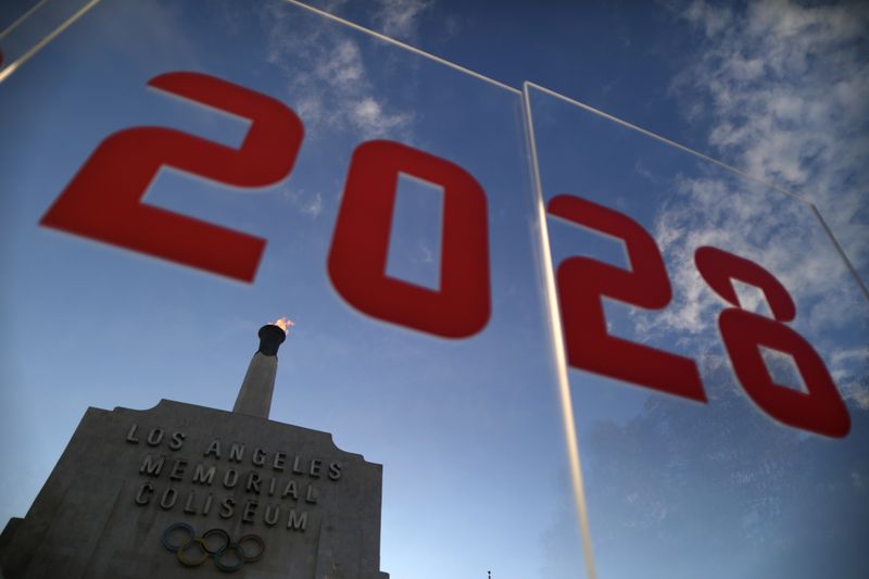 &copy; Reuters. FILE PHOTO: An LA2028 sign is seen at the Los Angeles Coliseum to celebrate Los Angeles being awarded the 2028 Olympic Games, in Los Angeles, California, U.S., September 13, 2017. REUTERS/Lucy Nicholson/File Photo