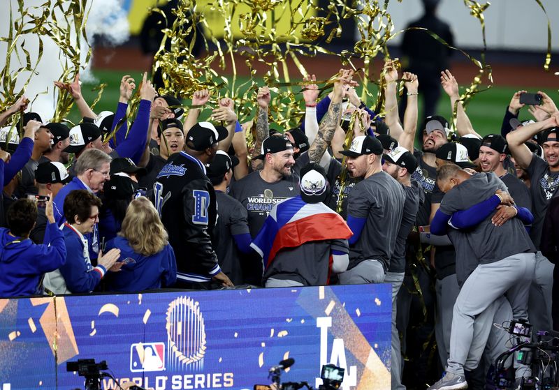 © Reuters. Oct 31, 2024; New York, New York, USA; Los Angeles Dodgers celebrate after winning the 2024 MLB World Series against the New York Yankees at Yankee Stadium. Mandatory Credit: Wendell Cruz-Imagn Images