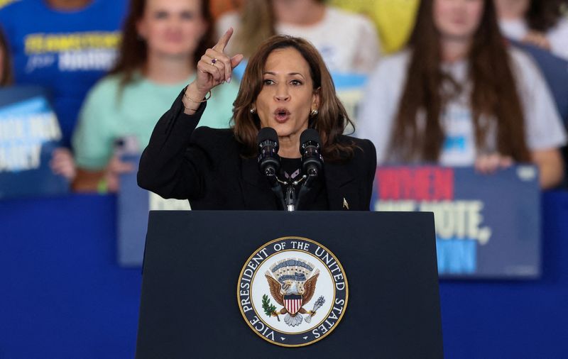 © Reuters. FILE PHOTO: Democratic presidential nominee U.S. Vice President Kamala Harris speaks during a rally at Coastal Credit Union Music Park at Walnut Creek, in Raleigh, North Carolina, U.S., October 30, 2024. REUTERS/Sam Wolfe/File Photo