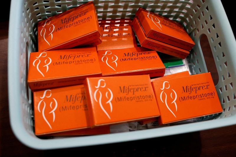 &copy; Reuters. FILE PHOTO: A container holding boxes of Mifepristone, the first medication in a medical abortion, are prepared for patients at Alamo Women's Clinic in Carbondale, Illinois, U.S., April 20, 2023. REUTERS/Evelyn Hockstein/File Photo