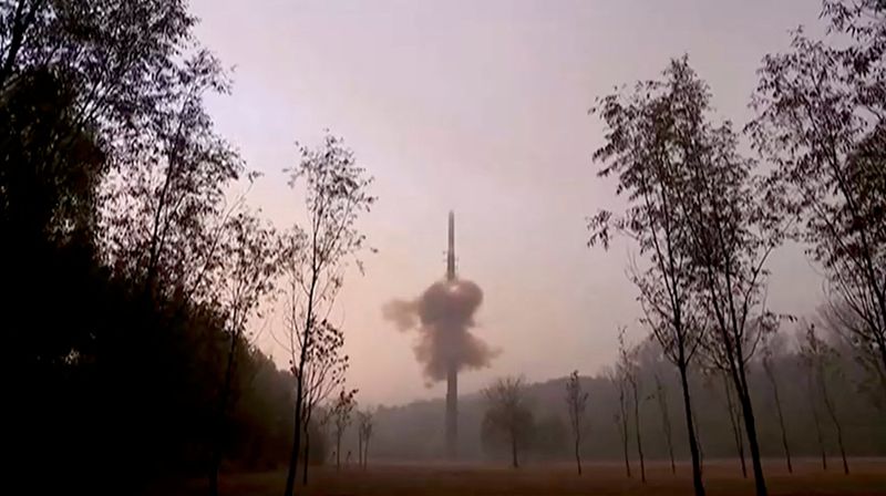 © Reuters. A view shows what they say is a 'Hwasong-19' missile being launched at an undisclosed location in this screengrab obtained from a video released on November 1, 2024. KRT/via Reuters TV/Handout via REUTERS