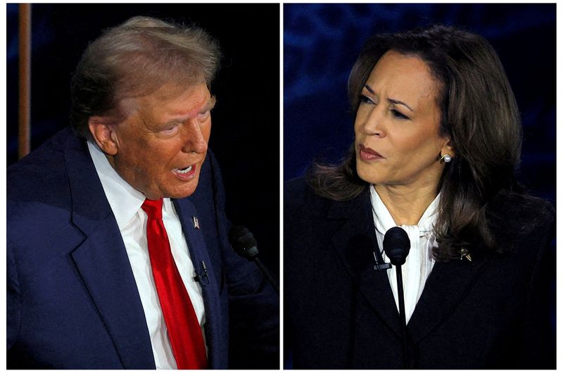 &copy; Reuters. O candidato presidencial republicano, o ex-presidente dos EUA Donald Trump, e a candidata presidencial democrata, a vice-presidente dos EUA Kamala Harris, participam de debate presidencial organizado pela ABC na Filadélfia, Pensilvânia, EUAn10/09/2024nR