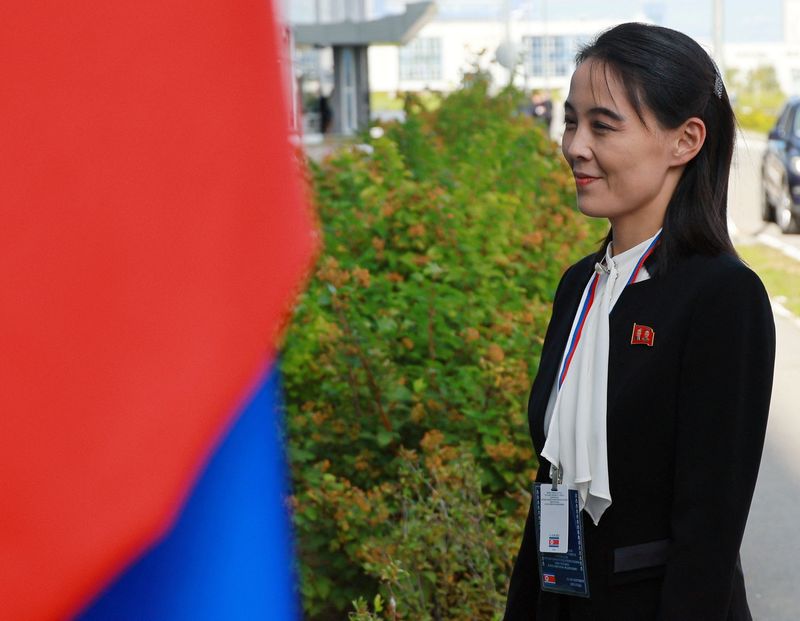 &copy; Reuters. FILE PHOTO: Kim Yo Jong, sister of North Korea's leader Kim Jong Un, arrives at the Vostochny Сosmodrome before a meeting of Russia's President Vladimir Putin with North Korea's leader Kim Jong Un, in the far eastern Amur region, Russia, September 13, 20