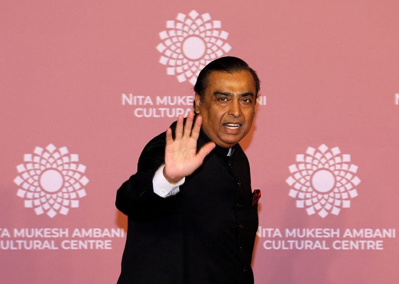 &copy; Reuters. FILE PHOTO: Mukesh Ambani, chairman of Reliance Industries, at the opening of the Nita Mukesh Ambani Cultural Centre at Jio World Centre, in Mumbai, India, April 1, 2023. REUTERS/Niharika Kulkarni/File Photo