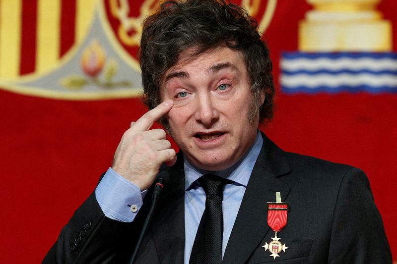 © Reuters. FILE PHOTO: Argentina's President Javier Milei speaks after receiving the Juan de Mariana Institute award for 