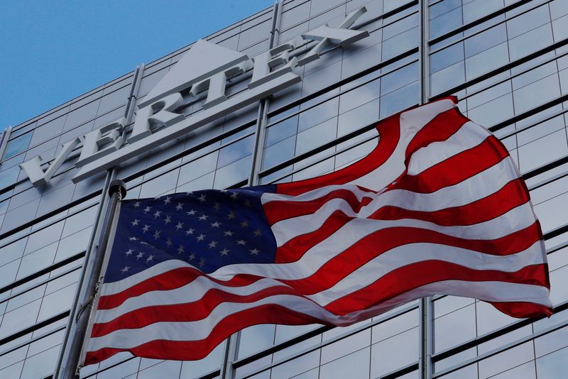 &copy; Reuters. FILE PHOTO: A U.S. flag flies in front of the world headquarters of Vertex Pharmaceuticals in Boston, Massachusetts, U.S., October 23, 2019.     REUTERS/Brian Snyder/File Photo