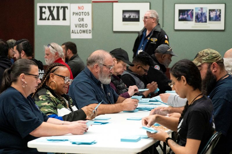 © Reuters. Union members from the International Association of Machinists and Aerospace Workers District 751 count ballots after a vote on a new contract proposal from Boeing at a union hall during an ongoing strike in Seattle, Washington, U.S. November 4, 2024. REUTERS/David Ryder