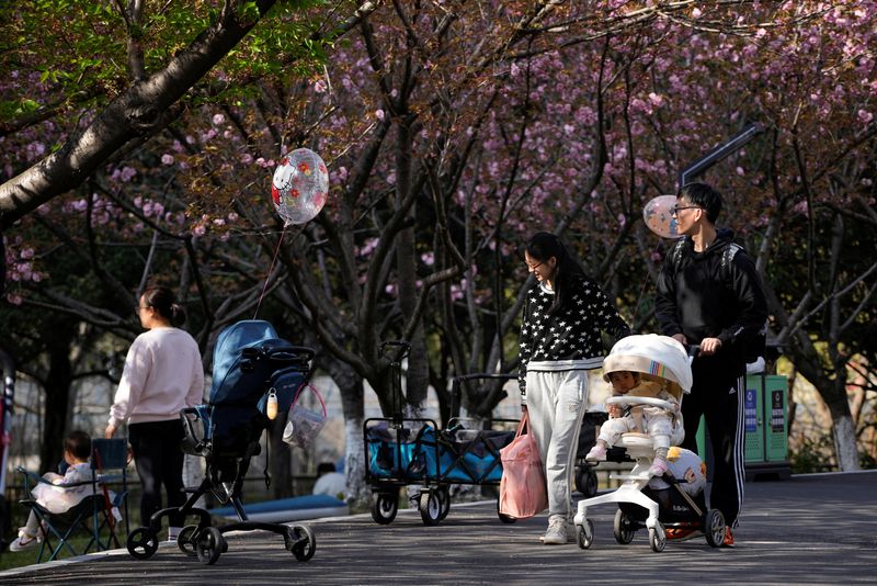 © Reuters. FILE PHOTO: A parents pushes a stroller with a baby in a park in Shanghai, China, April 2, 2023. REUTERS/Aly Song/File Photo