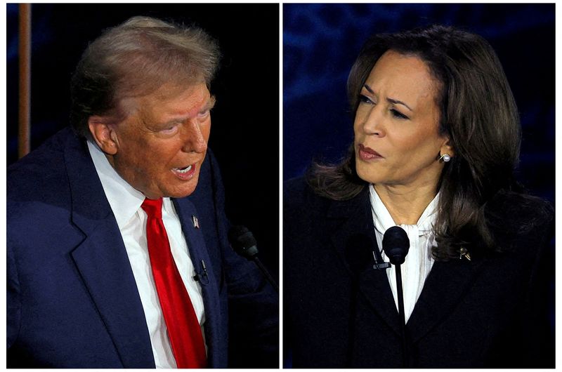 &copy; Reuters. FILE PHOTO: The Republican presidential nominee, former U.S. President Donald Trump, and the Democratic presidential nominee, U.S. Vice President Kamala Harris, take part in a presidential debate hosted by ABC in Philadelphia, Pennsylvania, U.S., Septembe