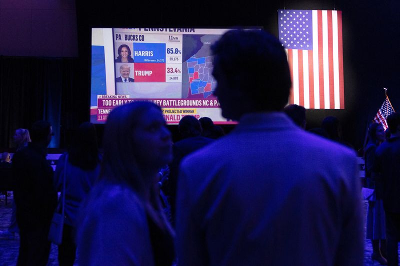 &copy; Reuters. A screen shows election updates at a Sherrod Brown watch party in Columbus, Ohio, U.S., November 5, 2024. REUTERS/Megan Jelinger