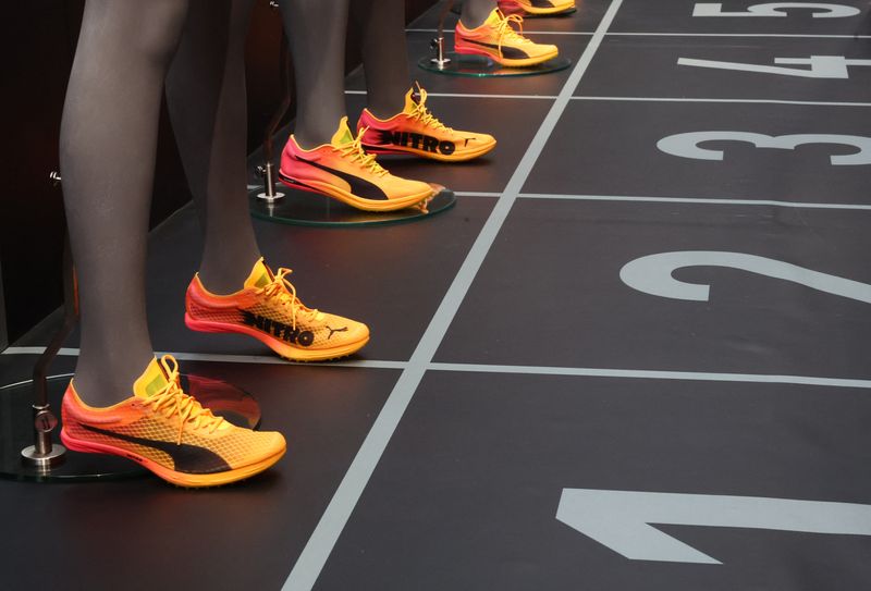 &copy; Reuters. Olympics - Puma launches a new brand campaign with Olympic athletes - Mob House, Saint-Ouen near Paris, France - April 10, 2024 Athletic shoes on display during the launch REUTERS/Yves Herman/ File Photo