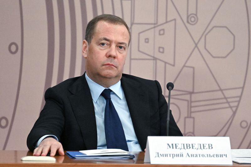 &copy; Reuters. FILE PHOTO: Russia's Security Council's Deputy Chairman Dmitry Medvedev attends a meeting of the Council for Science and Education at the Joint Institute for Nuclear Research in the Moscow region's city of Dubna, Russia June 13, 2024. Sputnik/Alexei Maish