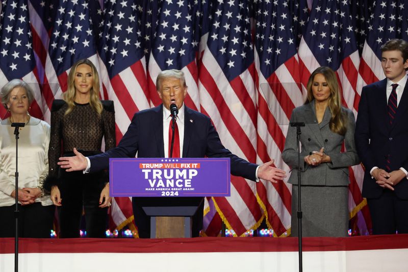 © Reuters. Republican presidential nominee and former U.S. President Donald Trump is flanked by Melania Trump, Barron Trump and Lara Trump as he addresses supporters, during the 2024 U.S. Presidential Election, in Palm Beach County Convention Center, in West Palm Beach, Florida, U.S., November 6, 2024. REUTERS/Brendan Mcdermid