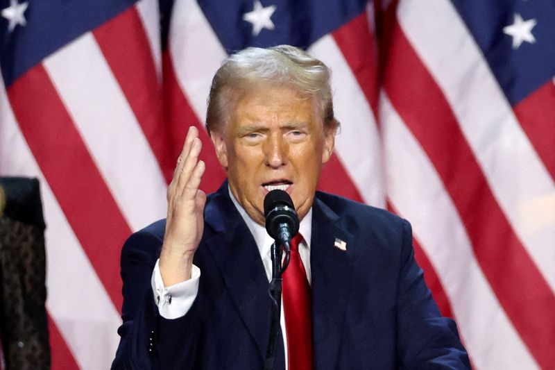 &copy; Reuters. Republican presidential nominee and former U.S. President Donald Trump addresses supporters during his rally for the 2024 U.S. Presidential Election, in Palm Beach County Convention Center, in West Palm Beach, Florida, U.S., November 6, 2024. REUTERS/Bren