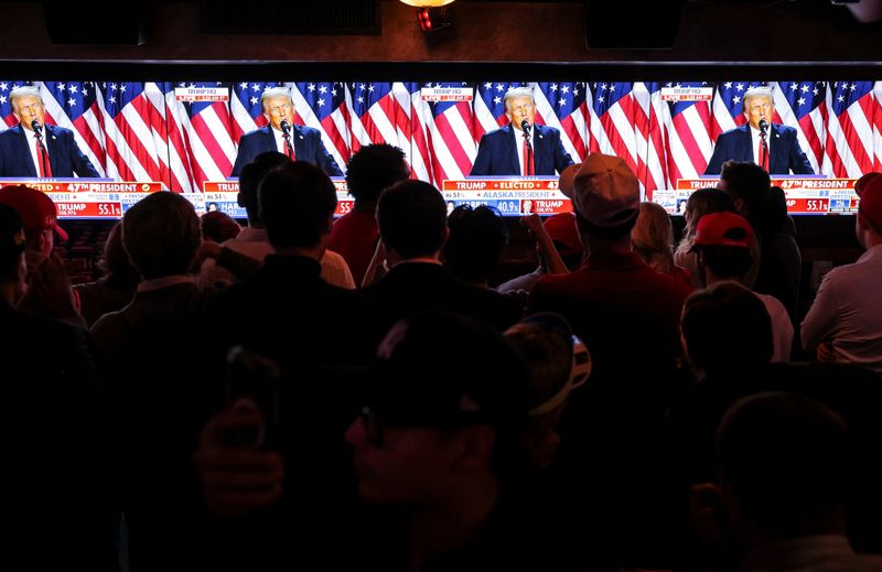 © Reuters. Supporters of Republican presidential nominee former U.S. President Donald Trump look at screens showing Trump speak from the Palm Beach County Convention Center, as they attend the New York Young Republican Club watch party during the 2024 U.S. presidential election, in Manhattan, New York City, U.S., November 6, 2024. REUTERS/Andrew Kelly   