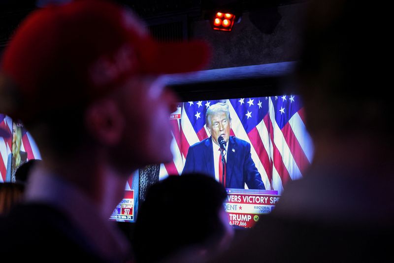 &copy; Reuters. A view of a screen showing Republican presidential nominee former U.S. President Donald Trump speak from the Palm Beach County Convention Center, at the New York Young Republican Club watch party during the 2024 U.S. presidential election, in Manhattan, N