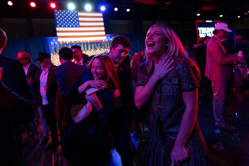 © Reuters. A supporter of Republican presidential nominee and former U.S. President Donald Trump reacts following early results from the 2024 U.S. presidential election in Palm Beach County Convention Center, in West Palm Beach, Florida, U.S., November 6, 2024. REUTERS/Carlos Barria