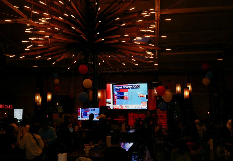 &copy; Reuters. People, mostly expats from the United States, watch the live coverage of the 2024 U.S. presidential election at Pinche Gringo BBQ restaurant in Mexico City, Mexico November 5, 2024. REUTERS/Henry Romero