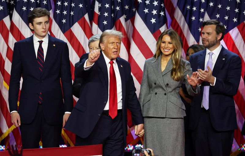 © Reuters. Republican presidential nominee former U.S. President Donald Trump gestures next to his wife Melania Trump, son Barron Trump and Republican vice presidential nominee JD Vance, following early results from the 2024 U.S. presidential election in Palm Beach County Convention Center, in West Palm Beach, Florida, U.S., November 6, 2024. REUTERS/Brendan McDermid/File Photo