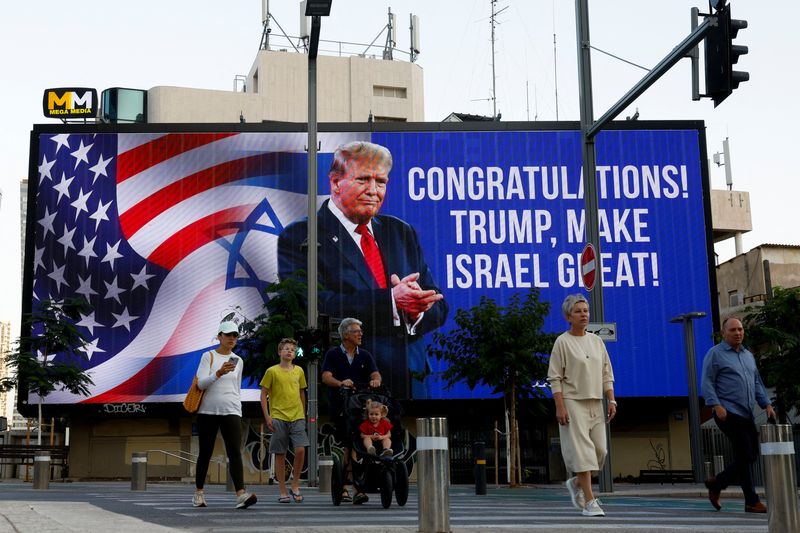 &copy; Reuters. Republican presidential nominee and former U.S. President Donald Trump appears on a congratulatory billboard for the 2024 U.S Presidential Election, in Tel Aviv, Israel, November 6, 2024. REUTERS/Thomas Peter