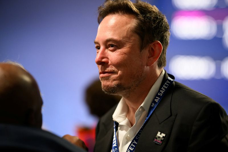 &copy; Reuters. Tesla, X (formerly known as Twitter) and SpaceX's CEO Elon Musk attends the AI Safety Summit at Bletchley Park in Bletchley, Britain on November 1, 2023.   Leon Neal/Pool via REUTERS/File Photo