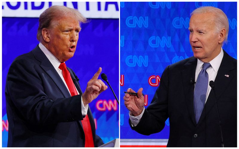 &copy; Reuters. FILE PHOTO: Republican presidential candidate former U.S. President Donald Trump and Democratic Party presidential candidate U.S. President Joe Biden speak during a presidential debate in Atlanta, Georgia, U.S., June 27, 2024 in a combination photo. REUTE