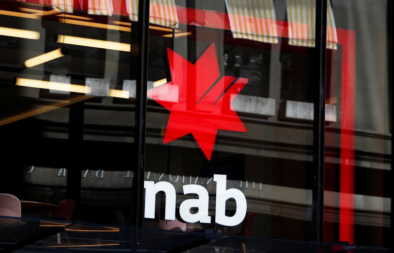 © Reuters. FILE PHOTO: The National Australia Bank Logo is seen on a branch in central Sydney, Australia, February 8, 2018. REUTERS/Daniel Munoz/File Photo