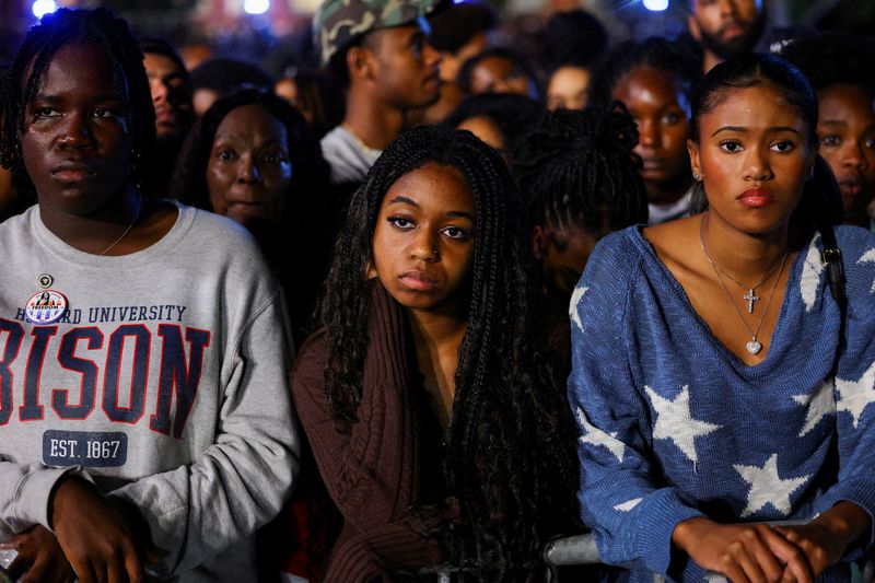 © Reuters. FILE PHOTO: Attendees react to early election results at Democratic presidential nominee U.S. Vice President Kamala Harris' election night rally during the 2024 U.S. presidential election, at Howard University, in Washington, U.S., November 5, 2024 REUTERS/Kevin Mohatt/File Photo