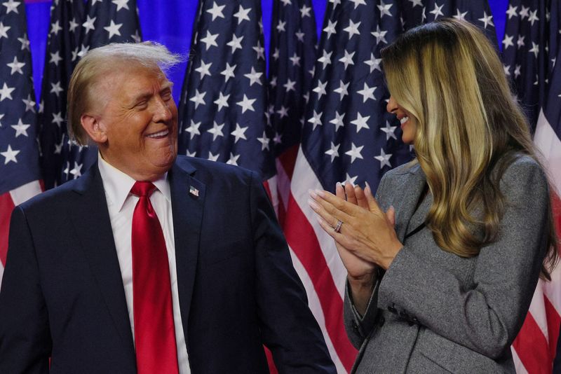 &copy; Reuters. Republican presidential nominee former U.S. President Donald Trump is joined onstage by his wife Melania at his election night rally at the Palm Beach County Convention Center in West Palm Beach, Florida, U.S., November 6, 2024. REUTERS/Brian Snyder/File 