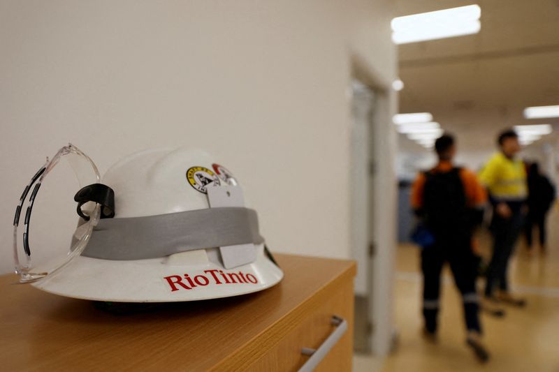 &copy; Reuters. FILE PHOTO: A Rio Tinto logo is seen on a helmet in an office at Oyu Tolgoi copper mine in the Gobi Desert, Mongolia March 13, 2023. REUTERS/B. Rentsendorj/File Photo