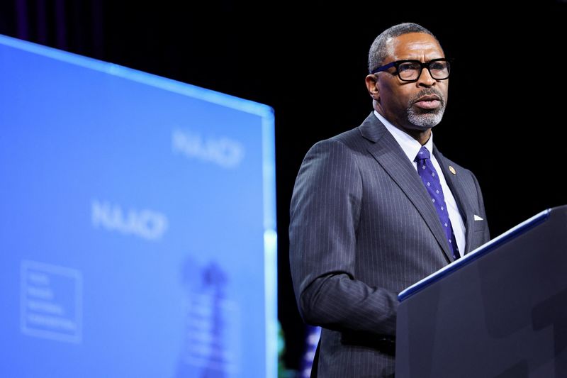 © Reuters. FILE PHOTO: NAACP President Derrick Johnson speaks at the 115th NAACP National Convention in Las Vegas, Nevada, U.S., July 16, 2024. REUTERS/Tom Brenner/File Photo