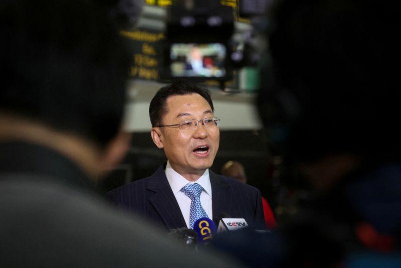 © Reuters. FILE PHOTO: Xie Feng, China's new ambassador to the U.S., addresses the media as he arrives at JFK airport in New York City, U.S., May 23, 2023. REUTERS/Brendan McDermid/File Photo