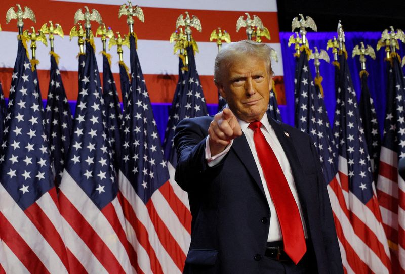 &copy; Reuters. FILE PHOTO: Republican presidential nominee and former U.S. President Donald Trump takes the stage to address supporters at his rally, at the Palm Beach County Convention Center in West Palm Beach, Florida, U.S., November 6, 2024. REUTERS/Brian Snyder/Fil