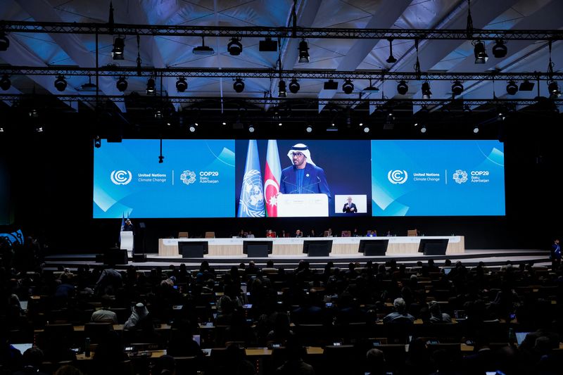 © Reuters. Sultan Al Jaber, COP28 President, speaks at the United Nations climate change conference COP29 opening in Baku, Azerbaijan November 11, 2024. REUTERS/Maxim Shemetov