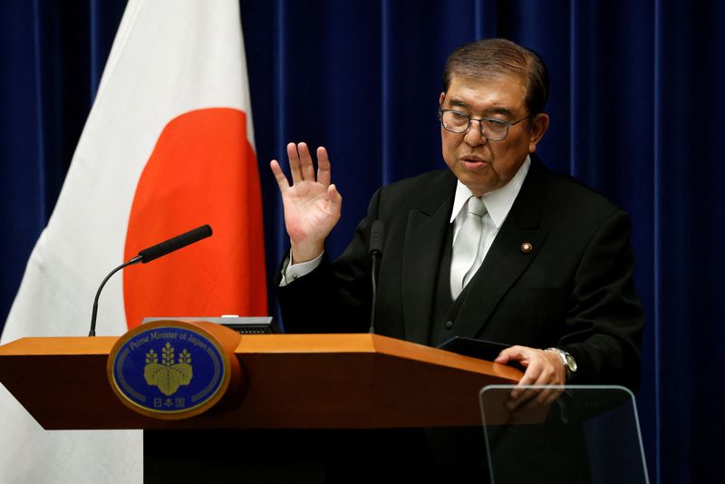 © Reuters. Shigeru Ishiba, Japan's prime minister, speaks during a news conference at the prime minister's official residence in Tokyo, Japan, on Monday, Nov. 11, 2024. Kiyoshi Ota/Pool via REUTERS