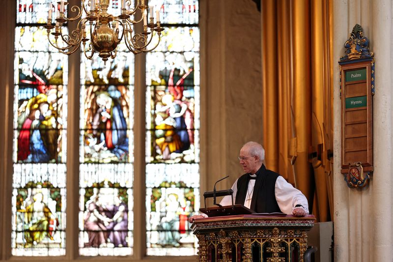 &copy; Reuters. FILE PHOTO: Archbishop of Canterbury Justin Welby speaks during a service for the new parliament at St Margaret's Church, Westminster Abbey, in London, Britain July 23, 2024. ADRIAN DENNIS/Pool via REUTERS/File Photo